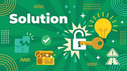 Fototapeta premium Solution concept with unlocked padlock, key, lightbulb, treasure chest and puzzle pieces on green background