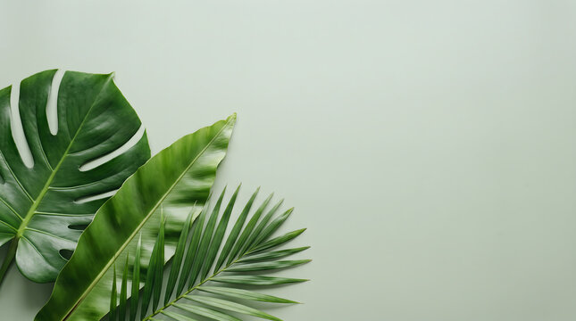 Tropical Green Leaves Composition with Monstera and Palm Fronds on Light Green Background with Copy Space