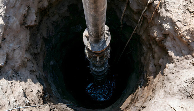 Submersible pump descends into deep borehole with metal pipe, wire rope. Industrial mechanism installs well for water extraction inside dark circular shaft. Technical engineering equipment provides