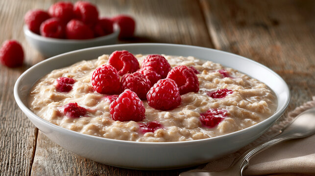 Bowl of oatmeal with fresh raspberries on a rustic wooden table