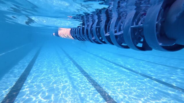 Swimming pool lane rope drifting underwater in outdoor lap pool