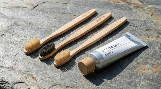 Bamboo toothbrushes and metal toothpaste tube on stone.