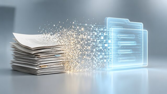 Concept Of Paperless Office Showing Stack Of Physical Documents Transforming Into Digital Holographic File Folder