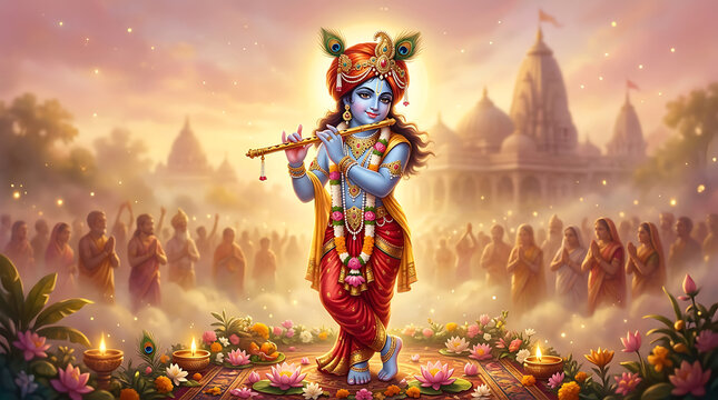 Lord krishna playing the flute in front of a temple with devotees