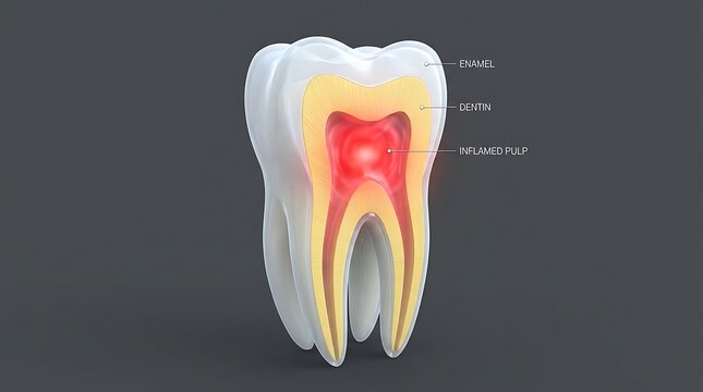 Anatomical cross-section of a human molar with inflamed red pulp showing inner dentin and outer enamel layers for dental health education