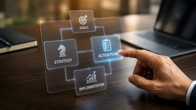 Businessman Hand Touching Futuristic Strategic Business Plan Interface With Goals Strategy Action Plan And Implementation Icons