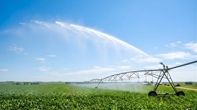 Automated center pivot irrigation system watering green corn field crops