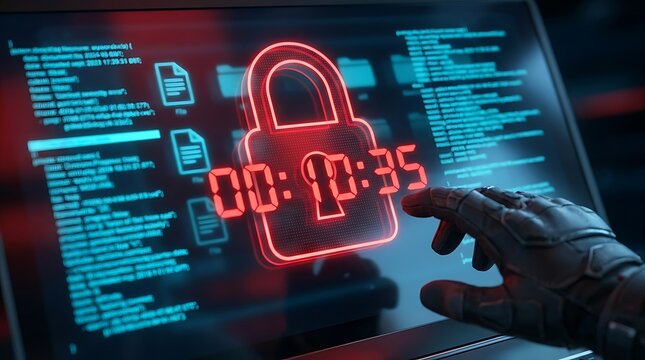 Digital security lock with glowing red neon timer digits and binary data code background protects sensitive information from cyber hackers in modern tech environment