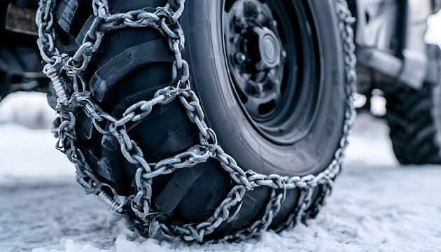 Heavy duty tire with metal snow chains, ready for winter conditions and challenging terrain, ensuring strong grip and mobility