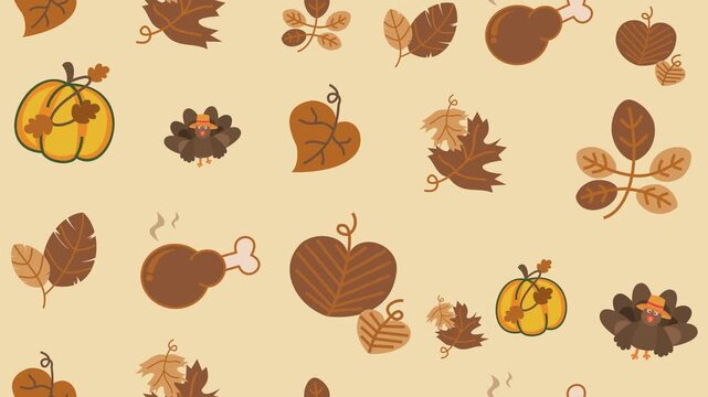 Thanksgiving Day doodle cartoon set with turkeys, pumpkins, and autumn leaves in the background animation for cute autumn harvest wallpaper and fall season backdrop design.
