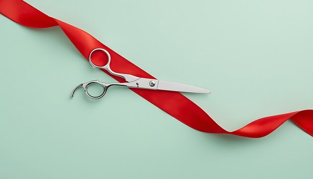 Professional silver scissors cutting a red ribbon on a soft green background