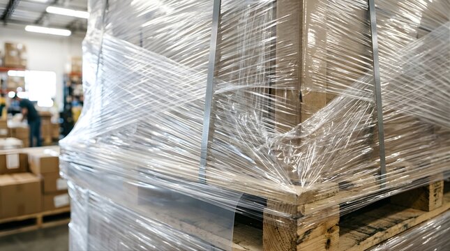 Cardboard shipping boxes wrapped in stretch film on a wooden warehouse pallet