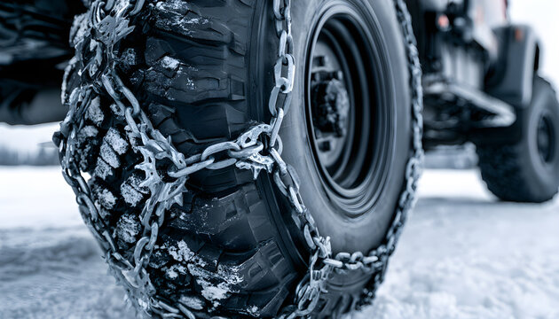 Heavy duty tire with metal snow chains, ready for winter conditions and challenging terrain, ensuring strong grip and mobility
