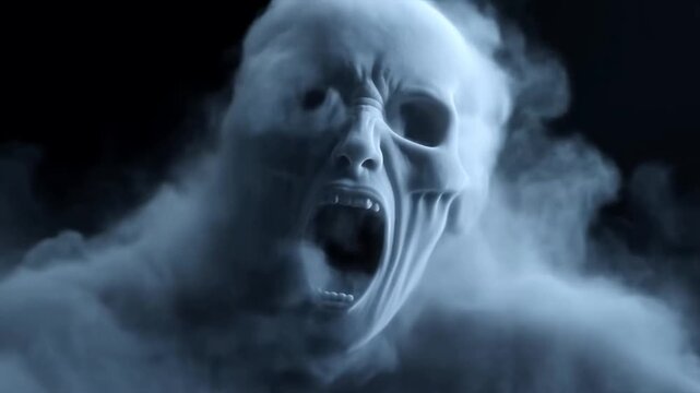Screaming spectral face emerges from swirling blue mist against a dark background
