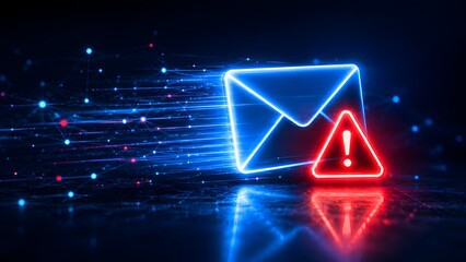 Naklejka premium Glowing neon blue digital envelope with a red warning triangle symbolizing email delivery failure spam alert and dangerous phishing message cyber security risk