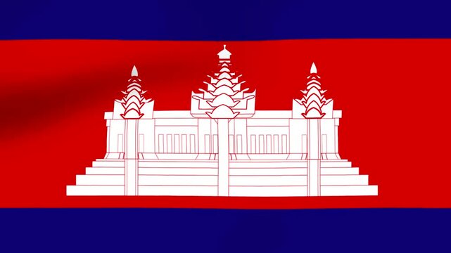 Waving flag of Cambodia with detailed white Angkor Wat temple symbol on blue and red horizontal stripes