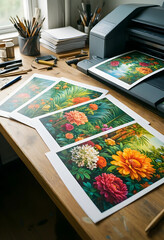 Obraz premium Printed Botanical art on a wooden desk with a large format printer and art supplies, creative workspace concept, Botanical art prints colorful flowers and lush foliage are displayed on a rustic