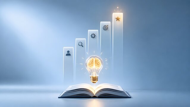 Glowing brain lightbulb over an open book with upward rising bar charts symbolizing business growth knowledge success and smart strategy