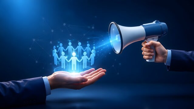 Businessman holding a megaphone broadcasting to a glowing digital hologram of connected people symbolizing mass communication marketing and public relations