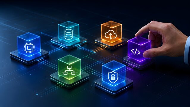 Hand placing a glowing programming code block into a futuristic digital circuit symbolizing software development system integration and cloud computing architecture