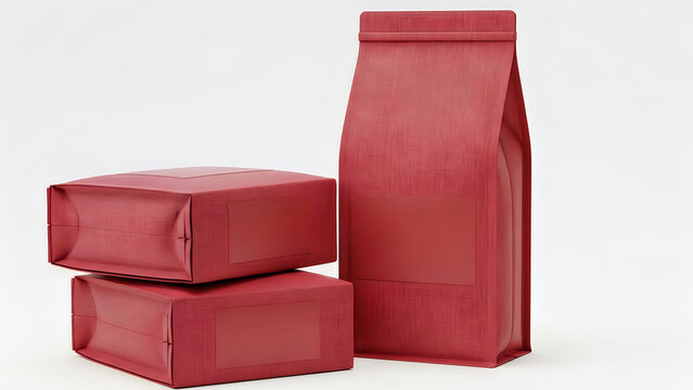 Red coffee bean bags and boxes for product packaging mockup isolated on white background
