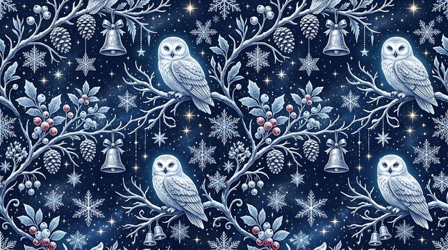 Enchanting winter wonderland seamless pattern with owls, snowflakes, and bells.