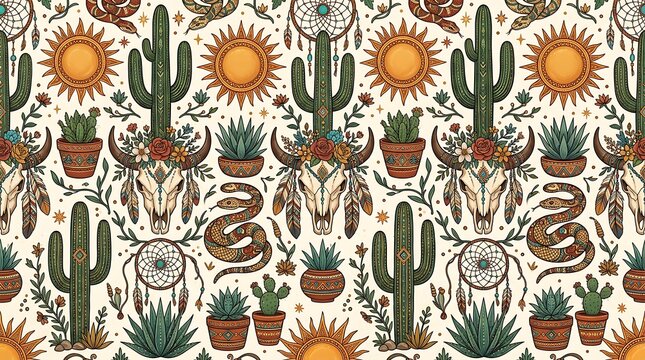 Boho desert seamless pattern with cactus, sun, snake, and skull motifs.
