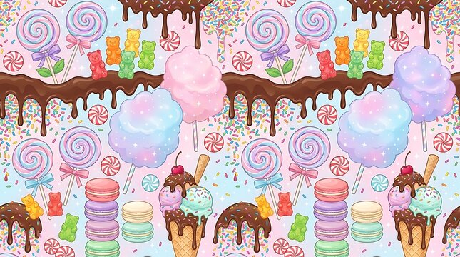 Whimsical candy wonderland seamless pattern with lollipops, macarons, and ice cream.