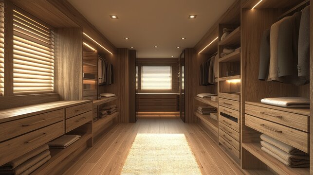 Luxurious WalkIn Closet with Custom Wood Cabinetry and Natural Light.