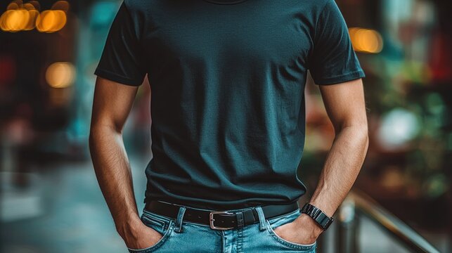 Man in Casual Outfit Standing Outdoors at Night.