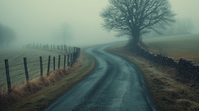 Misty Country Road Winding Through Foggy Landscape with Lone Tree.