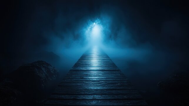 Mysterious Blue Light Illuminates a Dark Path Leading to an Unknown Destination.