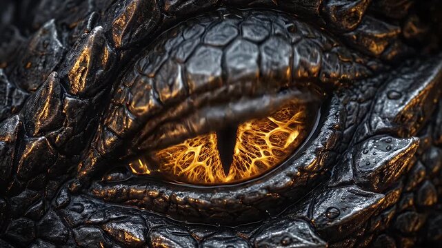Extreme Close-up of an Intense Fiery Reptilian Eye in a Dark Fantasy Realm