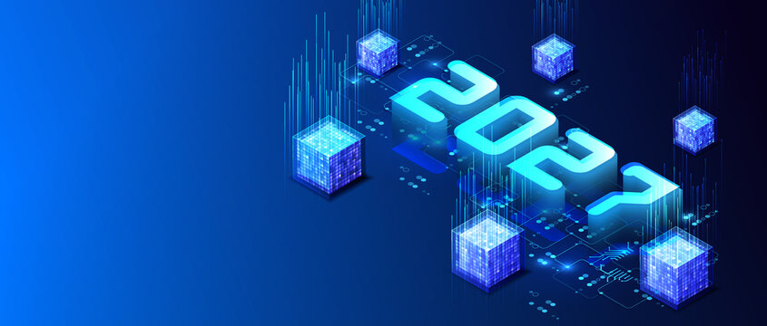 Happy New Year 2027 isometric banner in technology style. Ai holidays new year vector background with circuit blockchain. Happy holiday high tech design. Neon lamp number of 2027 NEW YEAR.