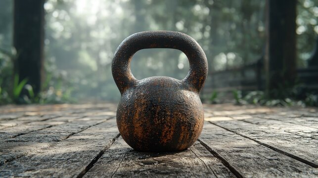 Rusty Kettlebell Rests on Weathered Wooden Surface in Forest Setting.