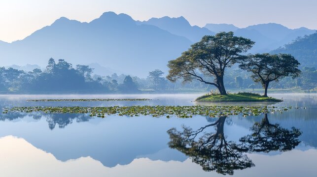 Serene Lake Reflection of Majestic Trees and Misty Mountains.