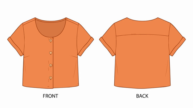 Orange Women Fashion Technical Sketch of a Short Sleeve Button Down Crop Top Blouse with Front and Back Views