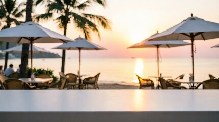 Fototapeta premium Beachside Restaurant at Sunset with Umbrellas and Ocean View for Travel Marketing