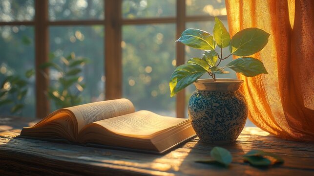 Serene Morning Light Illuminates Open Book and Green Plant on Wooden Table.