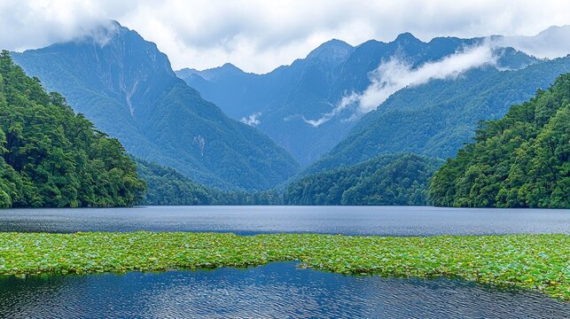 Serene Mountain Lake Surrounded by Lush Greenery and Misty Peaks.