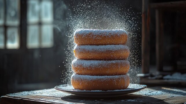 Stack of Delicious Donuts Covered in Powdered Sugar.