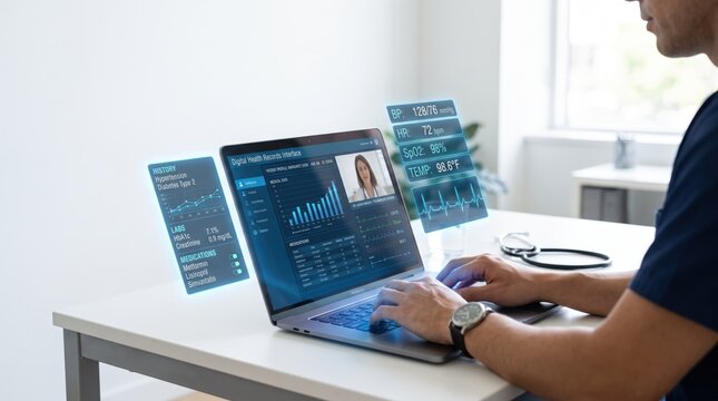 Doctor reviewing patient vital signs on laptop with holographic display, telemedicine consultation, electronic health records, blood pressure and heart rate monitoring.