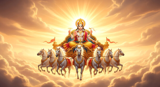 Surya dev riding his golden chariot pulled by seven horses in the sky