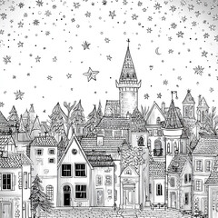 Fototapeta premium Whimsical fantasy cityscape coloring book page featuring medieval buildings, charming houses, and starry skies in clean black and white line art style. 