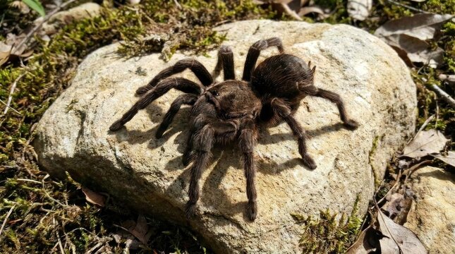 Large hairy tarantula spider crawling over a grey rock.