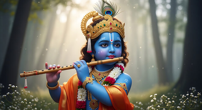 Divine little krishna playing the flute in a serene enchanted forest setting