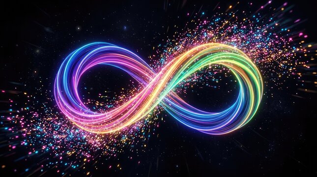 Colorful infinity symbol made of particles against a dark abstract background