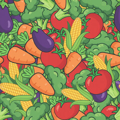 Colorful Cartoon Vegetable Seamless Pattern — Bold Line Flat Illustration Background Tile with Carrot Broccoli Tomato Corn Eggplant