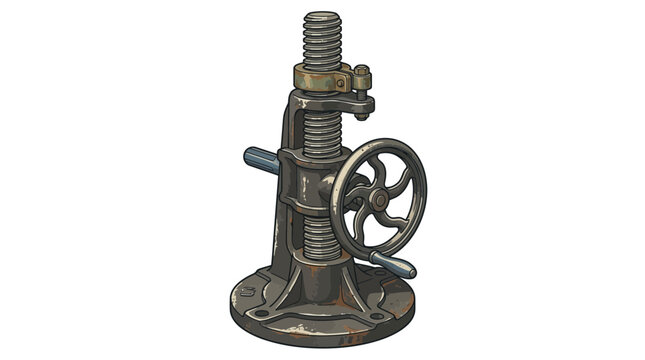 Vintage industrial metal screw jack lifting tool isolated on white background.