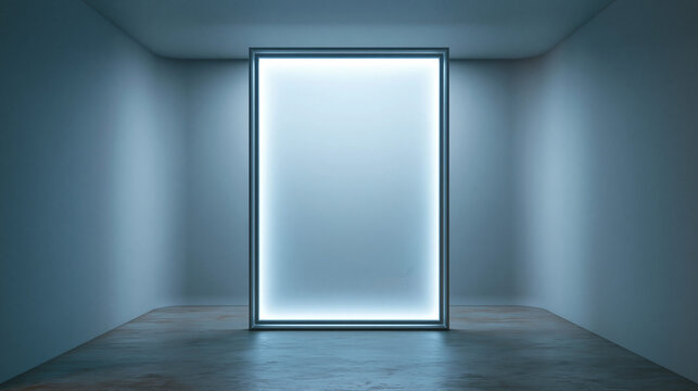 Glowing Vertical Frame Display in Minimalist Futuristic Room